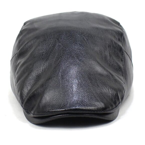 Black Mens Faux Leather Newsboy Ivy Flat Cap Driver Hat Vintage Golf Cabby Style - Picture 3 of 5